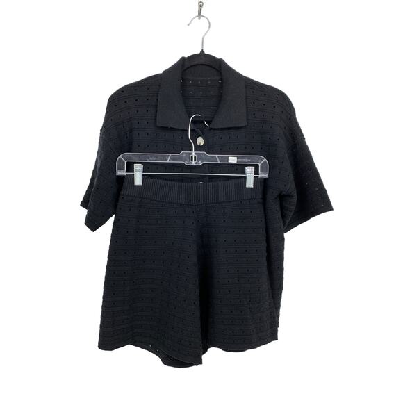 Unbranded Two Piece Set Buttondown Top & Shorts Womens Small Black Open Knit - Picture 1 of 7